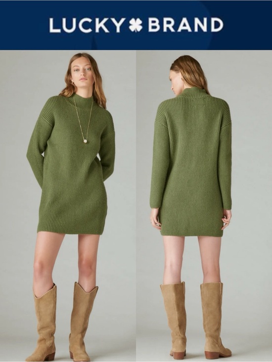 Lucky Brand Dresses & Skirts - NWT LUCKY BRAND MOCK NECK RIBBED SWEATER DRESS OLIVE GREEN WOOL BLEND SIZE XS